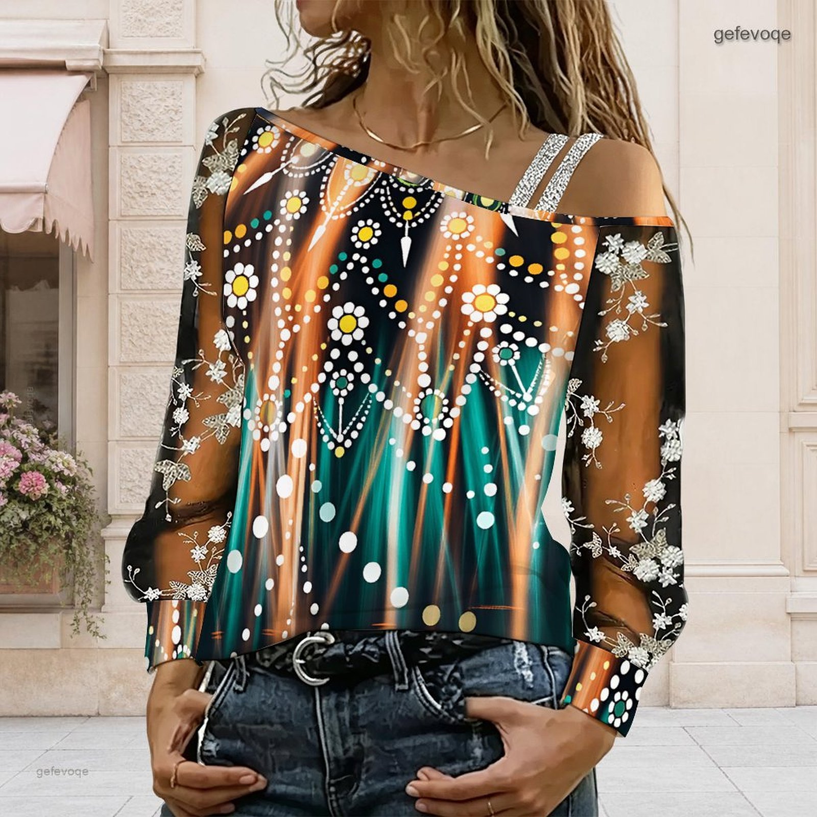 Blouse Off Shoulder - เสื้อผู้หญิงเปิดไหล่ ทรงไม่สมมาตร ไหล่เดียว แต่งลูกไม้ลายดอกไม้ ผ้าตาข่าย แขนยาว
