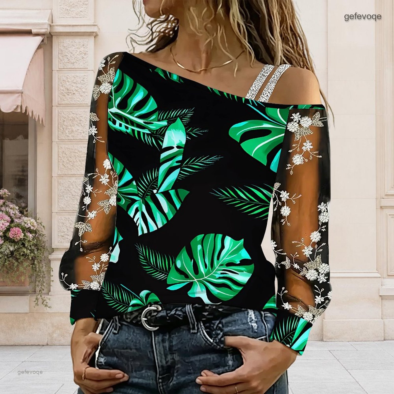 Blouse Off Shoulder - เสื้อผู้หญิงเปิดไหล่ ทรงไม่สมมาตร ไหล่เดียว แต่งลูกไม้ลายดอกไม้ ผ้าตาข่าย แขนยาว
