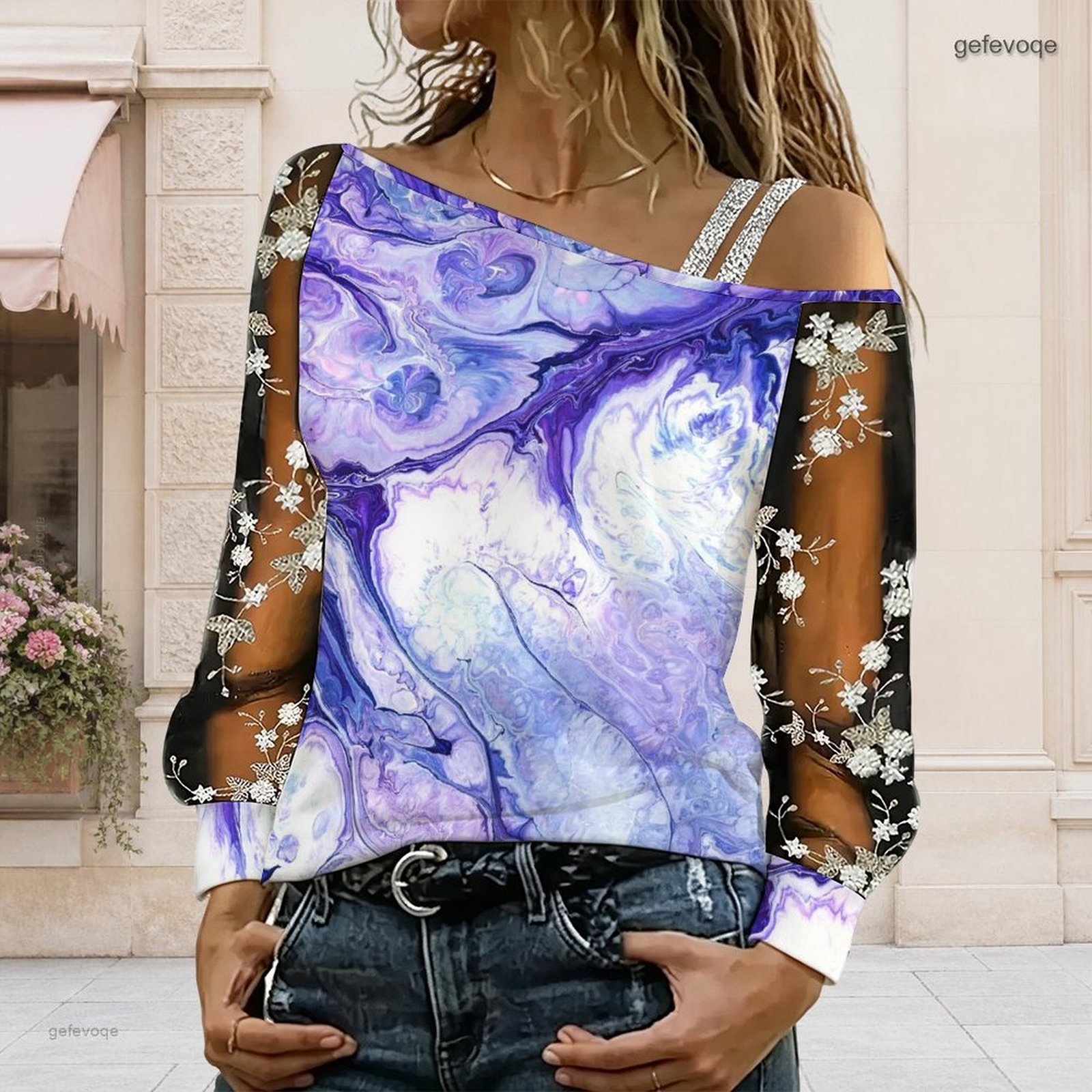 Blouse Off Shoulder - เสื้อผู้หญิงเปิดไหล่ ทรงไม่สมมาตร ไหล่เดียว แต่งลูกไม้ลายดอกไม้ ผ้าตาข่าย แขนยาว