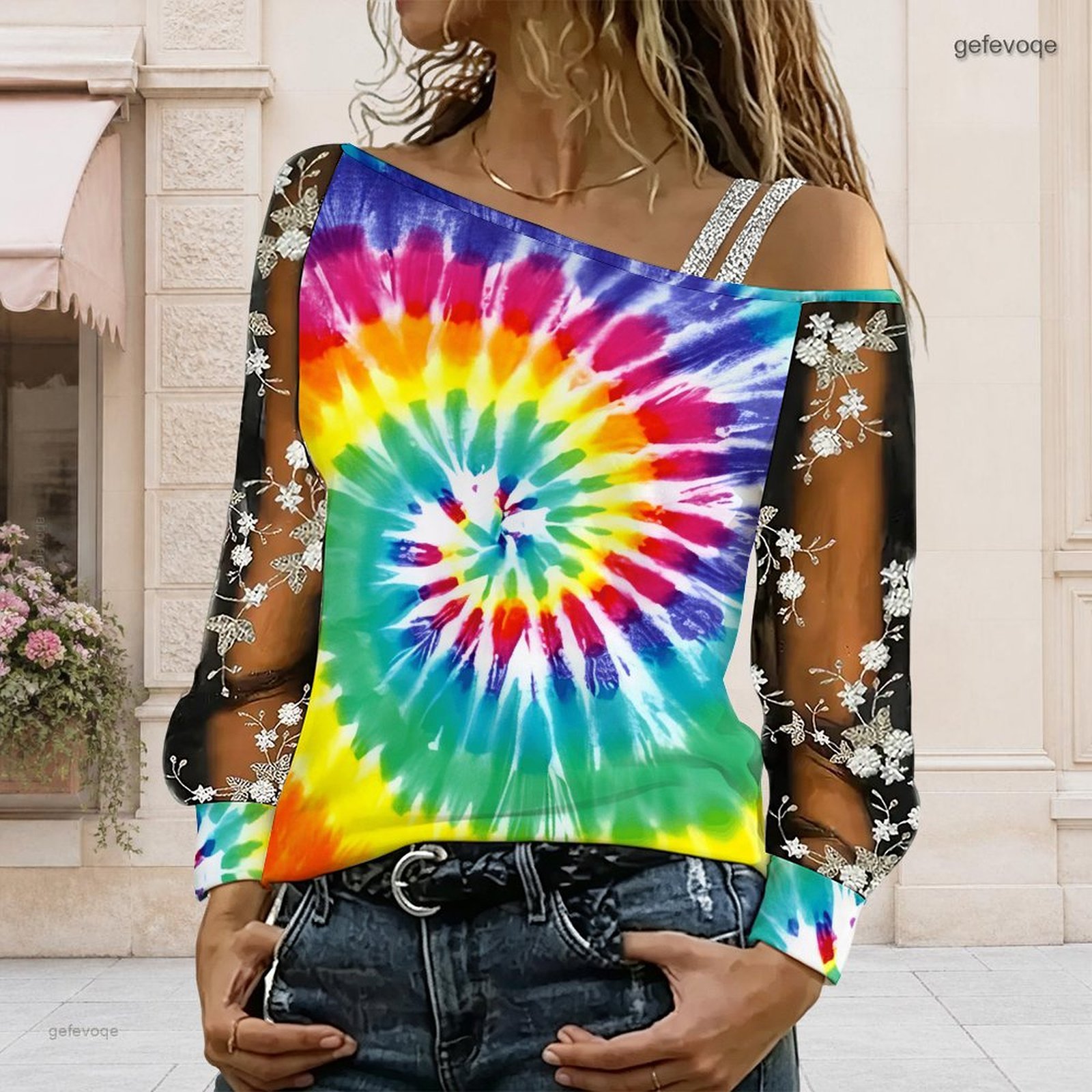 Blouse Off Shoulder - เสื้อผู้หญิงเปิดไหล่ ทรงไม่สมมาตร ไหล่เดียว แต่งลูกไม้ลายดอกไม้ ผ้าตาข่าย แขนยาว