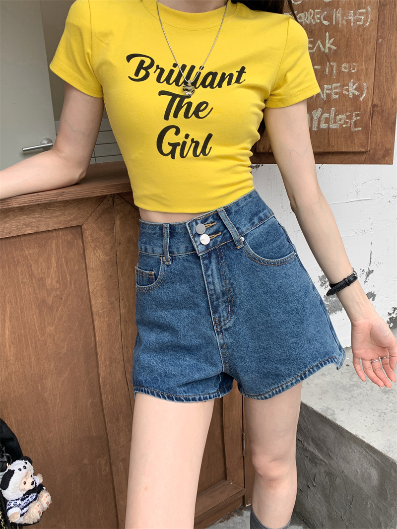 Shorts Denim Frayed - กางเกงยีนส์ขาสั้นสีน้ำเงินสำหรับผู้หญิง สไตล์เกาหลีสำหรับฤดูร้อน ทรงเอวสูง ขอบรุ่ย ทรงหลวม ขากว้าง
