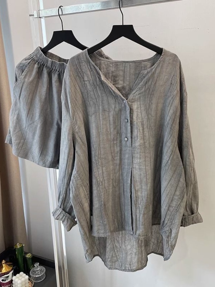 Linen Pant Wide - เสื้อเชิ้ตผ้าฝ้ายลินินสีเทาพับได้สวยหรู ชุดเซ็ตสองชิ้นสำหรับผู้หญิง เสื้อคลุมบางเบาสำหรับฤดูร้อน ป้องกันแสงแดด กางเกงขาสั้นทรงกว้าง